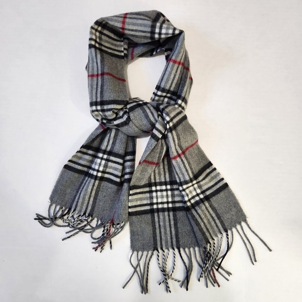 V. Fraas Cashmink Scarf 11" X 54" Gray Plaid Acrylic With Fringe Made In Germany